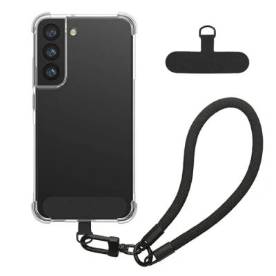 Abbildung von kwmobile Handy TPU Case kompatibel mit Samsung Galaxy S21 Hülle Kristallklare Schutzhülle Kantenschutz und abnehmbarem Armband inkl. 2 Pads Transparent Schwarz