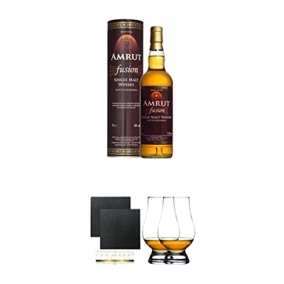 Abbildung von Amrut Fusion Indischer Whisky 0,7 Liter + Schiefer Glasuntersetzer eckig ca. 9,5 cm Ø 2 Stück The Glencairn Glass Glas Stölzle