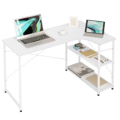 Abbildung von WOLTU Eckschreibtisch, L förmiger Schreibtisch mit 2 Ablagen, Bürotisch Computertisch PC Tisch, Ecktisch Groß für Büro Homeoffice Gaming, Industrie Design, 120x71,5x74 cm, Weiß