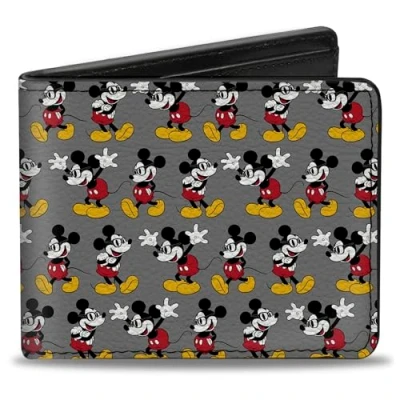 Abbildung von Buckle Down Herren Nerdy Mickey Mouse 3 Pose Stripe Gray Reisezubehör Bi Fold Brieftasche, Mehrfarbig, Standard größe