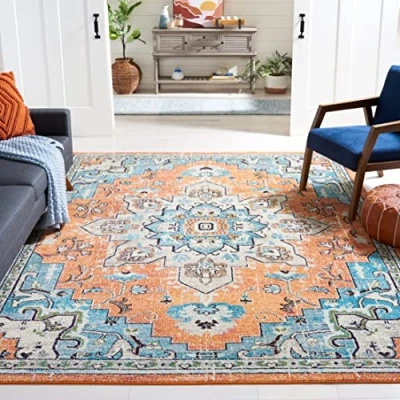 Abbildung von Safavieh Boho Teppich für Wohnzimmer, Esszimmer, Schlafzimmer Madison Collection, Kurzer Flor, Orange und Blaugrün, 244 X 305 cm