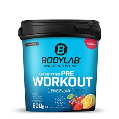 Abbildung von Bodylab24 Concentrated Pre Workout Fruchtmix 500g, enthält unter anderem Kreatin, Beta Alanin, Arginin, Niacin und Koffein, bewährte All In One Formel fürs Training