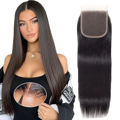 Abbildung von Tuheerst Lace Closure Brazilian Human Hair 4x4 Straight Black with Baby Frontal Top Swiss for Woman 16 Inch