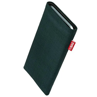 Abbildung von fitBAG Rave Smaragd Handytasche für Apple iPhone 16 Pro Max 6.9&quot; Tasche aus Textil Stoff mit Microfaserinnenfutter Hülle Reinigungsfunktion Made in Germany
