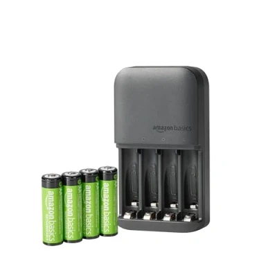 Abbildung von Amazon Basics AA NiMh Batterien, wiederaufladbar, mit Batterieladegerät für 4 EU Stecker, Stück, Schwarz