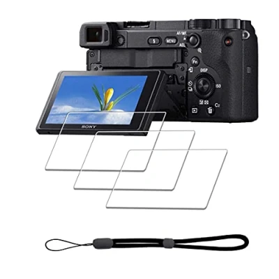Abbildung von iDaPro Displayschutz schutzfolie für Sony Alpha A6600 A6400 A6300 A6100 A6000 A5000 + Handschlaufe [3+1Stück] Schutzglas Tempered Glass Screen Protector 9H Härte Gehärtetes Glas