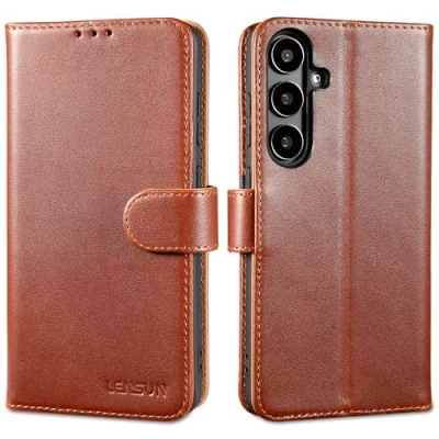 Abbildung von LENSUN Echtleder Hülle für Samsung Galaxy S24 Plus, Handyhülle [Echtes Leder] [Standfunktion] [RFID] Lederhülle Handytasche S24+ Plus 5G Dunkelbraun