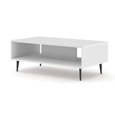 Abbildung von BIM Furniture Couchtisch Ravenna B 90 x 60 cm gefräste MDF Dekorationen auf Schwarze Metallbeinen EIN Kaffeetisch Tisch mit Regal (Weiß Matt)