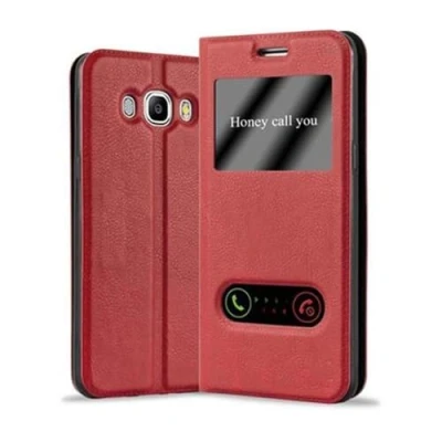 Abbildung von Cadorabo Hülle kompatibel mit Samsung Galaxy J5 2016 Sichtfenster aus Kunst Leder Flip Klappbare Stoßfeste Magnetische [Standfunktion] [Kartenfächern] Cover für Tasche in Rot