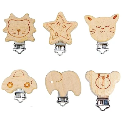 Abbildung von tallkeey 6 Stück Schnullerclip, Holzclip Baby Schnullerclips Holz Schnullerketten Clips Nuckelclip Dummy Nippel Halter für