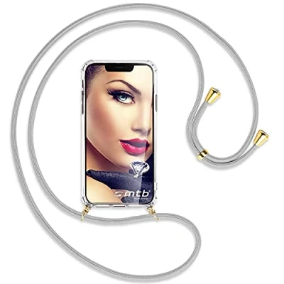 Abbildung von mtb more energy® Handykette kompatibel mit Motorola Moto G85 5G Silbergrau/Metallteile: Gold Smartphone Hülle zum Umhängen TPU Case