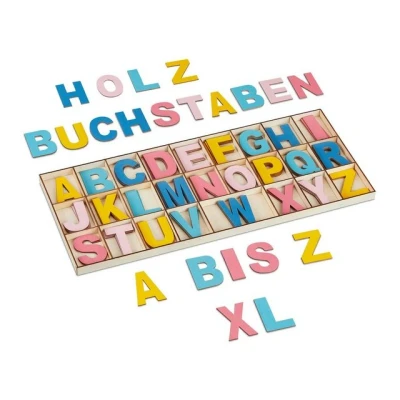 Abbildung von Relaxdays Holzbuchstaben Set, 104 teilig, Großbuchstaben A Z, 5 cm hoch, XL Buchstaben zum Basteln, Deko Alphabet, bunt