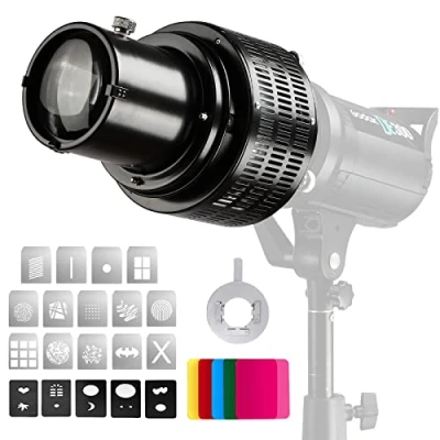 Abbildung von Soonpho Optischer Konische Snoot mit Bowens Halterung für Fotografie, Aluminiumlegierung GOBO Projektor 5 Farbfilter &amp; 19 Gobos Monolight LED Licht Spotlight Studioblitz Dauerlicht