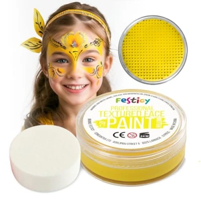 Abbildung von Festicy Profi Theaterschminke Gelb, 20g, inkl. Schwamm Halloween Schminke 2024 &amp; Karneval EN 71 3 Reach Zertifiziert Kinderschminke für mind 30 Gesichter I Vogelscheuche, Emoji, Face paint