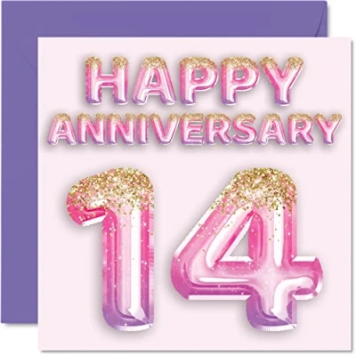 Abbildung von Stuff4 Hübsche elfenbeinfarbene Jahrestagskarte für Ehefrau Freundin Ehemann Freund rosa lila Glitzer Luftballons Happy 14th Anniversary Karten von Familie 145 mm Grußkarten vierzehnte Jubiläen