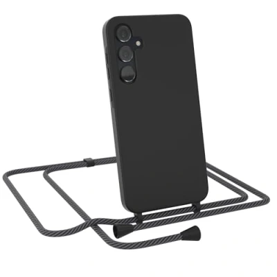 Abbildung von EAZY CASE Hülle mit Band kompatibel Samsung Galaxy A55 Handyhülle für Silikon Mikrofaser stoßfester Fallschutz Kette zum Umhängen Handykordel Schwarz/Anthrazit Clips Schwarz