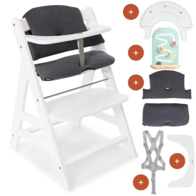 Abbildung von Hauck Kinder Hochstuhl Alpha Plus inkl. Play Tray Basis, Spielaufsatz Planting Flowers &amp; Sitzpolster Mitwachsender Babystuhl aus Holz, Kinderhochstuhl ab 6 Monate, verstellbar Weiß