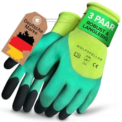 Abbildung von WOLFSFELLER 3 Paar robuste &amp; komfortable Gartenhandschuhe Damen Herren Gr 10 Handschuhe Garten Gardening gloves mit doppelt beschichteten Fingerspitzen