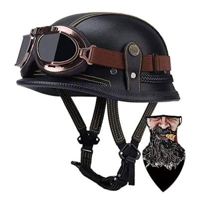 Abbildung von DIRERTYS Deutsche Leder Motorrad Halbhelme Retro Halbschalenhelm JetHelm mit Visier Schnellverschluss Schnalle für Cruiser Chopper Biker Moped DOT/ECE Zulassung, XXL61 62CM