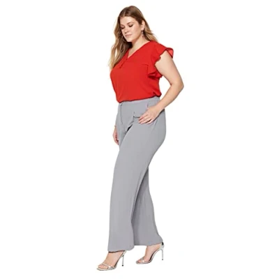 Abbildung von Trendyol Women&#039;s Damen Gerade Weites Bein Hohe Taille Hosen in Plus Size Pants, Grey Marl, 50/Grande