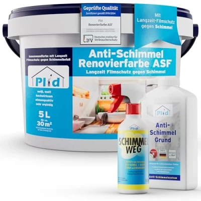 Abbildung von plid Wand und Deckenfarbe Premium Anti Schimmel Set Schimmelschutz Schimmelbekämpfung, Schnelltrocknend, spritzarm, verarbeitungsfertig