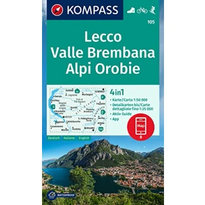 Abbildung von KOMPASS Wanderkarte 105 Lecco, Valle Brembana, Alpi Orobie 1:50.000: 4in1 mit Aktiv Guide und Detailkarten inklusive Karte zur offline ... in der App. Fahrradfahren. Skitouren.