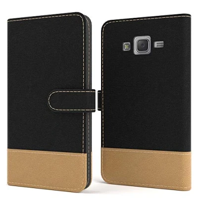 Abbildung von EAZY CASE Tasche kompatibel mit Samsung Galaxy J5 (2015) Stoff Schutzhülle Standfunktion Klapphülle Bookstyle, Handytasche Handyhülle Magnetverschluss und Kartenfach, Kunstleder, Schwarz