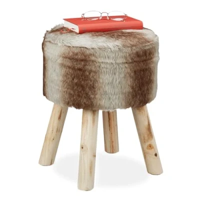 Abbildung von Relaxdays Fellhocker, Deko Hocker Kunstfell, Sitzhocker mit Holzbeinen, rund, rustikal, H x D: 42 33 cm, grau/braun, 1 Stück