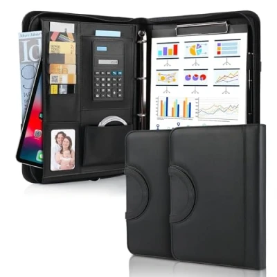 Abbildung von 2PCS Schreibmappe A4, Konferenzmappe Leder, Dokumentenmappe mit Reißverschluss, Wasserdicht Aktenmappe Ringbuch Klemmbrett Notizblock, Portfolio Padfolio Mappe für Business Meeting, Schwarz