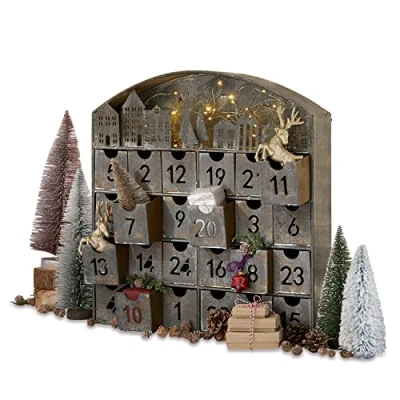 Abbildung von Loberon Adventskalender Léran, zum Selbstbefüllen, mit 30 LEDs, Ausgestanzte Häuschen &amp; Ziffern, Festliches Design, Advent, Weihnachten, Weihnachtsdeko, Eisen, grau
