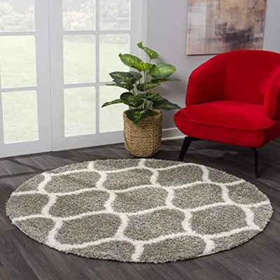 Abbildung von SANAT Madrid Shaggy Teppich Rund Hochflor Teppiche für Wohnzimmer, Schlafzimmer, Küche Morocco Grau, Größe: 80 cm