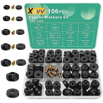 Abbildung von XBVV 106 PCS Wasserhahn Unterlegscheibe Sortiment Kit mit verschiedenen flachen und abgeschrägten Gummi Unterlegscheiben für Outdoor Garten Stiel Leck verschlissenen Reparatur