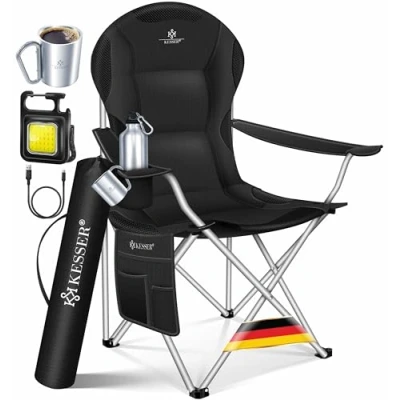 Abbildung von KESSER® Campingstuhl faltbar bis 150 kg Angelstuhl Faltstuhl Klappstuhl Gepolstert mit Armlehnen, Campinglicht und Getränkehalter + Tasche hoher Rückenlehne, Strandstuhl, Klapphocker, Schwarz
