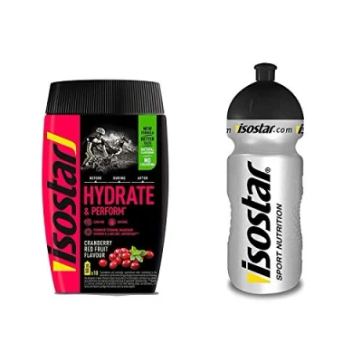 Abbildung von Isostar Hydrate &amp; Perform Iso Drink 400 g isotonisches Getränkepulver Elektrolyt Pulver zur Unterstützung der sportlichen Leistungsfähigkeit Cranberry + 0,5 Liter Flasche