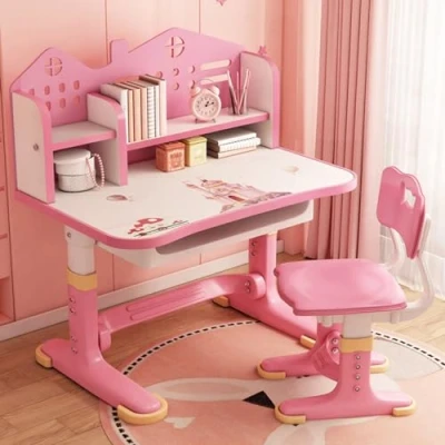 Abbildung von Kinder Tisch Stuhl Set, Kinderschreibtisch Höhenverstellbar,Schreibtisch Mädchen &amp; Jungs,Karikatur Schreibtisch, Mit und Schublade (Rosa)