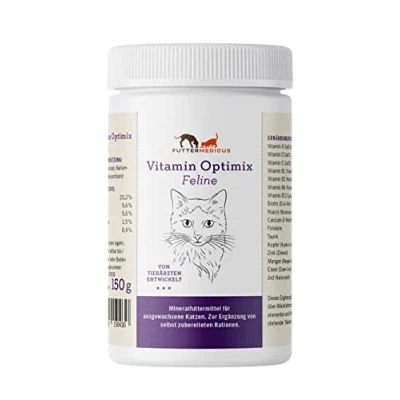 Abbildung von Futtermedicus Vitamin Optimix Feline 150 g Ergänzungsfuttermittel für Katzen Mineralstoff und Vitaminergänzung zum Barfen ohne Knochen enthält wichtiges Taurin