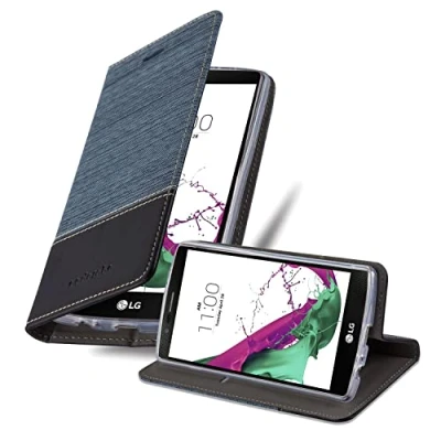 Abbildung von Cadorabo Hülle kompatibel mit LG G4 / Plus aus Premium Jeans und Kunst Leder Flip Klappbare Stoßfeste Magnetische [Standfunktion] [Kartenfächern] Cover für Tasche in Blau