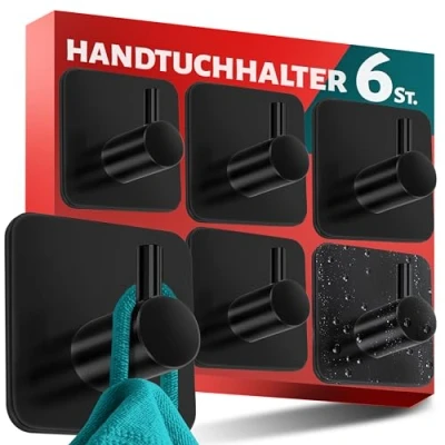 Abbildung von Menz Handtuchhalter ohne Bohren Edelstahl, 6er Set Schwarze Badezimmer Handtuchhalter, wasserfeste Klebehaken fürs Bad, Haken selbstklebend als funktionale Handtuchhaken, stabil und rostfrei