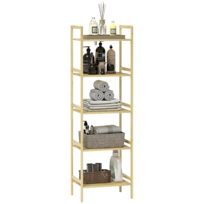 Abbildung von HOMCOM Badregal, Badezimmerregal mit 5 Ebenen, Aufbewahrungsregal aus Bambus, Standregal verstellbaren Regalböden für Badezimmer, Wohnzimmer, Küche, 43,5 x 31,5 142 cm, Naturholz