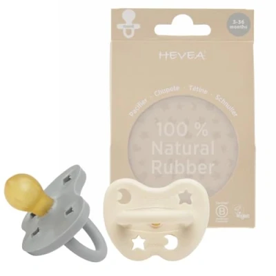 Abbildung von HEVEA Naturkautschuk Schnuller RUND Form, 3 36 Monate Hygienisches Einteiliges Design für Neugeborene bis Kleinkinder, BPA frei, Weich &amp; Langlebig Zweierpack (Milchweiß Stahlgrau)