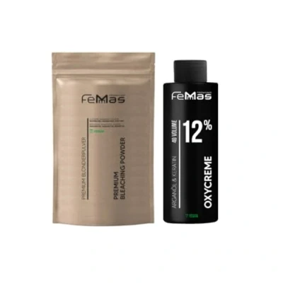 Abbildung von FemMas Blondier Set: Premium Blondierpulver &amp; Oxycreme Perfektes Starter Set für blonde Haare bis zu 9 Tonstufen hellere in Salon Qualität (Blond, 12%)