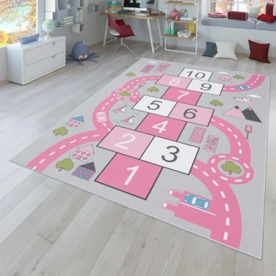 Abbildung von TT Home Kinder Teppich, Spielteppich Für Kinderzimmer Straßen Look, Hüpfkästchen, Rosa, Größe:120x160 cm