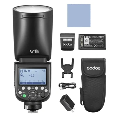 Abbildung von GODOX V1PRO C 2.4G Wireless Speedlite Kamerablitz E TTL II Automatikblitz mit M/TTL Blitzmodus 1/8000 s HSS Netzteilanschluss und abnehmbarem Sub Blitz+24 Stück Blitzgele für Canon EOS Kameras