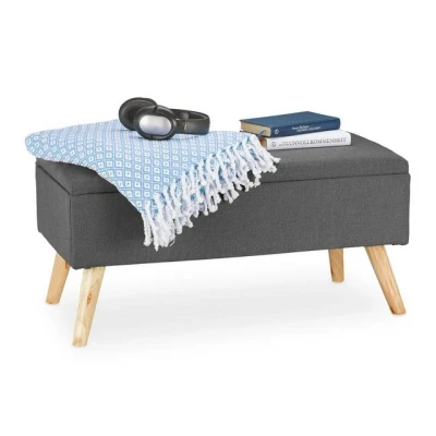 Abbildung von Relaxdays, grau Sitzbank mit Stauraum, gepolstert, Holzbeine, Truhenbank Stoffbezug, H x B T: 39,5 79,5 cm