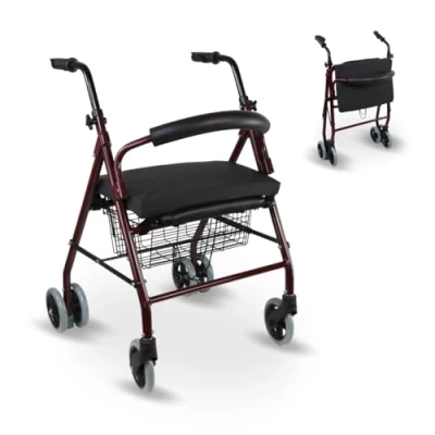 Abbildung von Mobiclinic, Rollator mit viskoelastischem Kissen, Prado Plus, Aluminium, Druckbremsen, Korb, Sitz, Kissen für Stühle und Rollatoren, faltbar leicht, 4 Räder, Gehwagen, Bordeaux