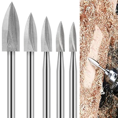 Abbildung von Holzschnitzwerkzeug, 5 Stück HSS Gravierwerkzeug, Holz Fräser Set für Dremel Rotationswerkzeuge Zubehör mit 3mm Schaft Schnitzen, Bohren