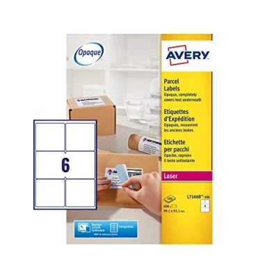 Abbildung von Avery Block out Versandetikett, 99,1 x 93,1 mm Weißes Box 100 Blatt, 6 Etiketten pro Blatt