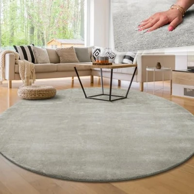 Abbildung von Paco Home Moderner Kuscheliger Wohnzimmer Teppich Kurzflor waschbar flauschig Weich Einfarbig Felloptik zeitlos stilvoll rutschfest pflegeleicht, Grösse:80 cm Rund, Farbe:Silber