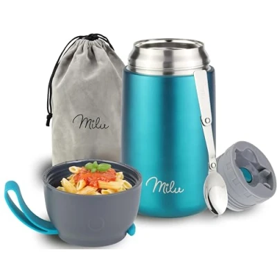 Abbildung von Milu® Thermobehälter für Essen 450ml, Edelstahl Warmhaltebehälter mit Löffel, Thermobecher Essen, Thermo Lunchbox Kinder, Erwachsene, Thermobox Suppen, Babybrei, Speisebehälter Grün, 450ml