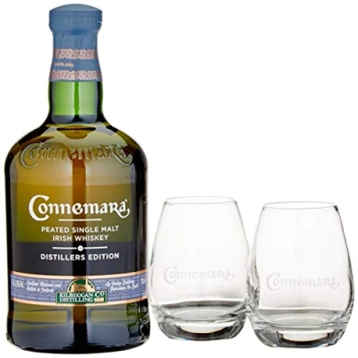 Abbildung von Connemara Irish Peated Malt Distillers Edition mit Geschenkverpackung 2 Gläsern Whisky (1 x 0.7 l)